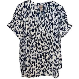 Women’s Chico’s Split Neck Blue And White Blouse With Ikat Pattern Sz 1(US 8)